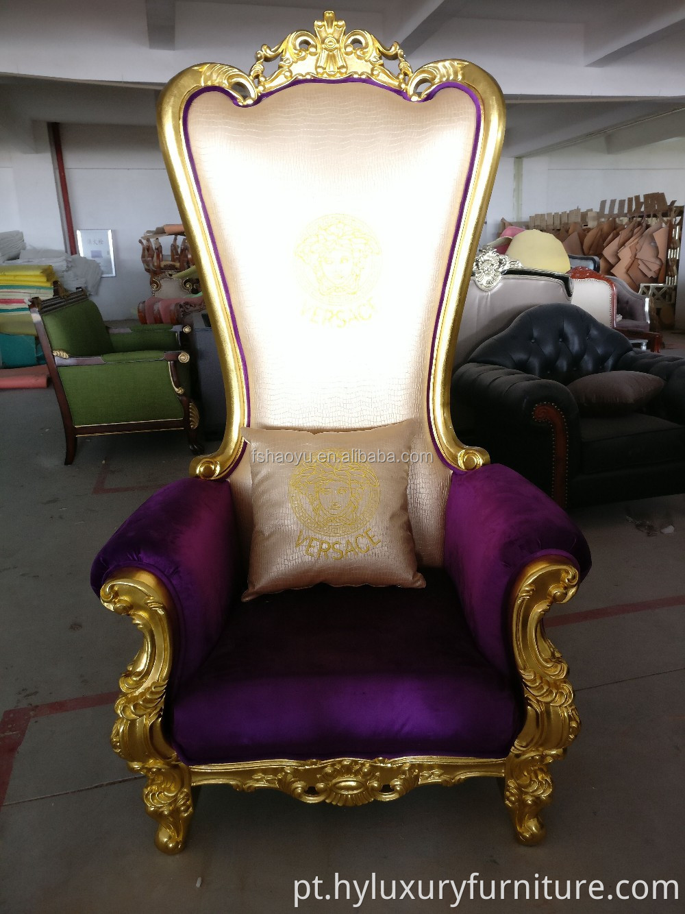 Fornecimento de cadeira royal king throne, cadeira PU bergere, cadeira de couro roxo para hotel com encosto alto